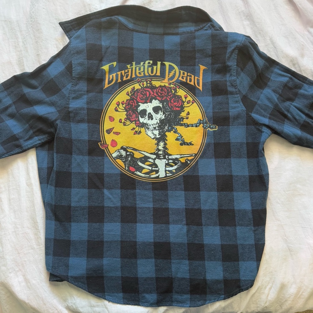 Grateful Dead Flannel Shirt Blue/Black Graphic Button Down Logo Size Small